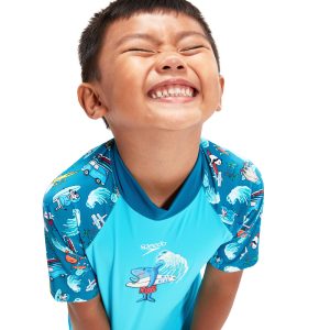 חליפת חולצה ומכנס אנטי סאן לפעוטות | Boys Short Sleeve Printed Rash Top Set